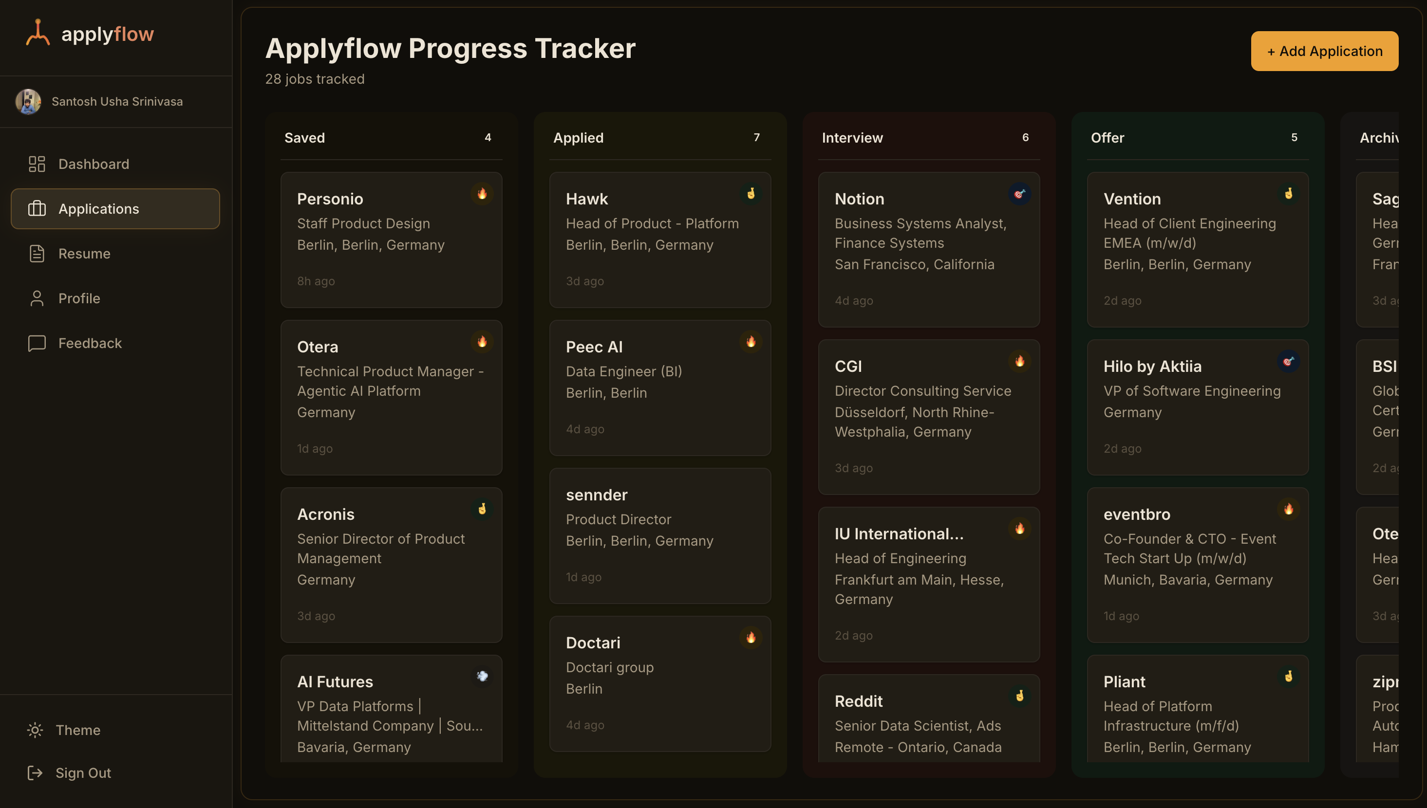 ApplyFlow Kanban board in dark mode
