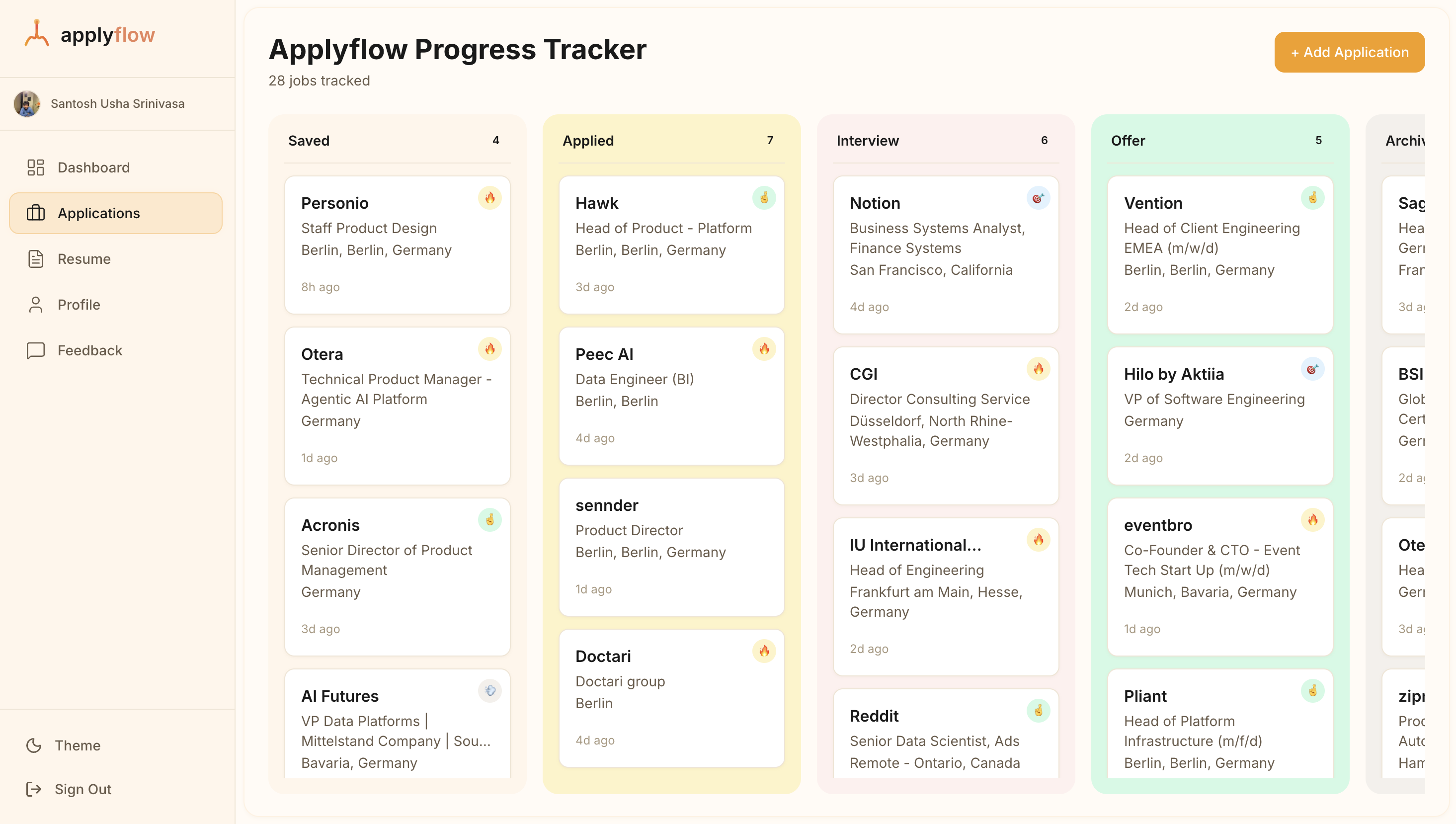 ApplyFlow Kanban board in light mode